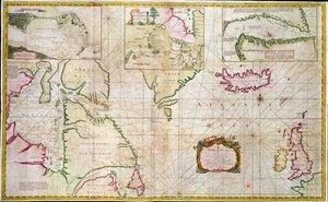 Mapa moří a průlivů ukazující možnost severozápadního průchodu mezi Hudsonovým zálivem a Jižním mořem od John Wigate