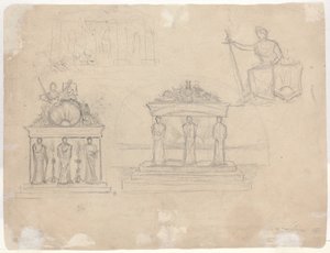 Studie klasických chrámových fasád a sedící ženské postavy [verso] od John William Casilear