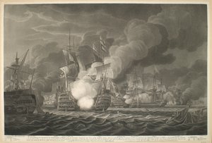 Důstojníkům a posádce pod velením jeho lordstva tento pohled na statečnou bitvu, kterou 14. února 1797 svedla u mysu Svatého Vincenta britská eskadra patnácti řadových plachetnic a fregat / s Velkou F.