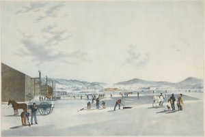Rockland Lake - řezání ledu. Pohled od severovýchodu, hospoda. 1849