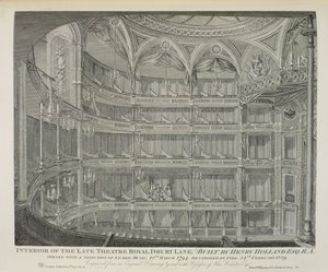 Interiér Late Theatre Royal, Drury Lane, v Londýně, postavený Henrym Hollandem, 1794, zničeno ohněm v roce 1809, vyryto Dale, 1820 od John Winston