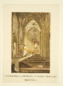 Pohled na středovou uličku St Mary Redcliffe, při pohledu na východ, zobrazující Hogarthův oltář, kolem roku 1824 (tužka a akvarel na papíře) od John Withers