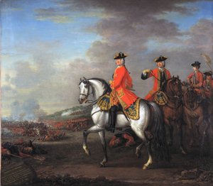 Král Jiří II. (1683-1760) v bitvě u Dettingenu, s vévodou z Cumberlandu a Robertem, 4. hrabětem z Holderness, 27. června 1743, kolem roku 1743