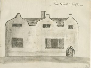Lichfield - Gymnázium: sépie lavírovaná kresba, nd [1784] (kresba)
