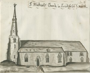 Lichfield - Kostel sv. Michaela: sépiová kresba, nd [1784] (kresba)