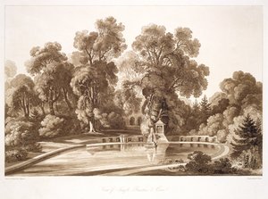 Pohled na chrámovou fontánu a jeskyni, Sezincote, vyrytý Frederickem Christianem Lewisem Snr. (1779-1856), kolem 1817-18 (sépiová akvatinta) (viz také 171663)