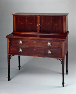 Tambourský stůl, připisovaný obchodu Johna a Thomase Seymourových nebo Thomas Seymours Boston Furniture Warehouse, 1794-1810 (mahagon s intarzií) od John and Thomas 1771 1848 Seymour