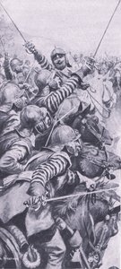 Střetnutí kavalérie v bitvě u Edgehill, 23. října 1642, ilustrace z britských bitev na souši a na moři, 1915