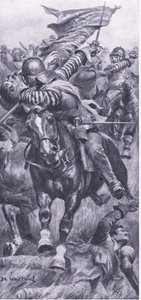 Poručík John Smith přebírá královu standartu v Edgehill, 23. října 1642, ilustrace z britských bitev na souši a na moři, 1915