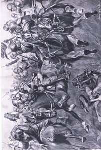 Marston Moor, 2. července 1644: Skotská kavalérie pod velením Leslie, útočící na bok prince Rupertse, ilustrace z britských bitev na souši a na moři, 1915