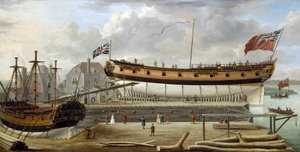 Loď šesté třídy (sixth rate), válečná loď britského královského námořnictva, v suchém doku, loděnice pravděpodobně v Rotherhite na jižním břehu Temže (Anglie).
