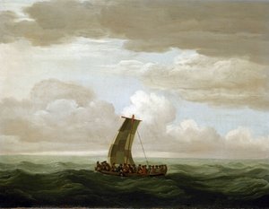 Posádka lodi Galerie "Luxborough", kapitán a 21 mužů, v záchranném člunu. Olejomalba, asi 1727, autor John Cleveley (1712-1777).