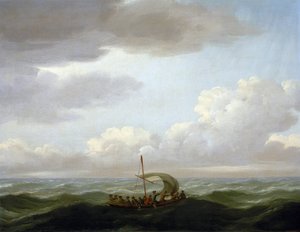 Posádka galéry "Luxborough" v záchranném člunu. Olejomalba, asi 1727, autor John Cleveley (1712-1777).