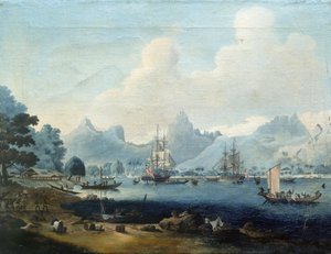 Lodě HMS "Resolution" a "Discovery" kotví na Moorea (Tahiti) během výprav Jamese Cooka (1728-1779), kterých se malíř zúčastnil v letech 1772-1773.
