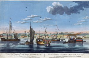 Pohled na královské doky ve Woolwichi na levém břehu Temže (Anglie) v hrabství Kent. Barevný lept od Johna Clevelyho mladšího (1747-1786) od John the Younger Cleveley