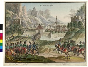 Dobytí Luziensteigu rakouskými vojsky 1799 (akvarel) od Jokob Placidus Altmutter