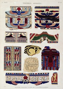 Ilustrace malovaných vzorů z obalů mumií, Hypogees, Théby, deska 58 ze svazku II `Descriptions of Egypt`, vyryl Willemin, 1822 (akvatinta) od Jomard