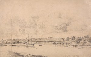 Southampton a Northam od řeky Itchen (grafit na středním, lehce texturovaném, modře bíle tkaném papíru položeném na střední, středně texturovaný, béžový tkaný papír) od Jonathan Fisher