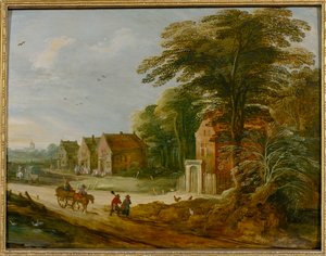Cestující projíždějící vesnicí (olej na panelu) od Joos de (studio of) Momper