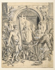 Apellova malba Campaspe (pero a hnědý inkoust, šedá barva, bílá tělová barva na potištěném papíře) od Joos or Jodocus van (after) Winghe