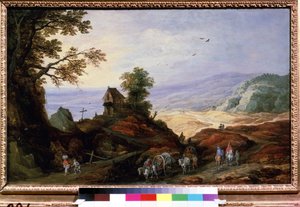 Krajina s kaplí na kopci. Po cestách chodí rolníci na pluzích. Obraz od Joose de Momper Le Jeune (1564-1635), cca 1608-1610. vlámské umění. Olej na dřevě. Pushki Museum of Fine Arts