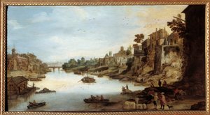 Pohled na Tiberu (Tevere) v Římě Dům na kůlech vlevo. Obraz Josse Momper II (1564-1635)
