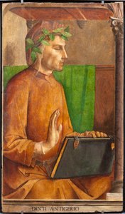 Podobizna Danteho Alighieriho (1265-1321), básníka, italského spisovatele, autora Božské komedie, pokrývky hlavy liripiona - Obraz Juste z Gentu (Joos van Wassenhove) (asi 1435-kolem 1475) a Pedro Berruguete (asi 1450- před 1504), část souboru 2 od Joos van Gent (fl.1460 75)