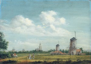 Pohled na Arnhem se St. Walburgiskerk vlevo a Grote Kerk vpravo, elegantní městská promenáda poblíž, 1776
