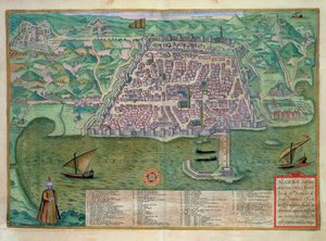 Mapa Alžíru z „Civitates Orbis Terrarum“ od Georga Brauna (1541-1622) a Franse Hogenberga (1535-90), kolem roku 1572 (barevná rytina)