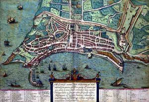 Mapa Ancony, z „Civitates Orbis Terrarum“ od Georga Brauna (1541-1622) a Franse Hogenburga (1535-90), kolem 1572 (barevná rytina) od Joris (after) Hoefnagel