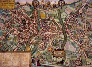 Mapa Bamberka, z „Civitates Orbis Terrarum“ od Georga Brauna (1541-1622) a Franse Hogenberga (1535-90) kolem 1572-1617 (barevná rytina)