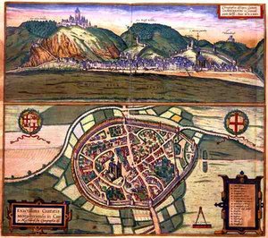 Mapa Cochenu, z „Cities of the World“ od Georga Brauna (1541-1622) a Franse Hogenberga (1535-90)