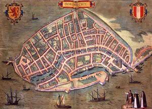 Mapa Dordrechtu, z „Civitates Orbis Terrarum“ od Georga Brauna (1541-1622) a Franse Hogenburga (1535-90), kolem 1572 (barevná rytina) od Joris (after) Hoefnagel