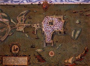 Mapa Gallipoli, z „Civitates Orbis Terrarum“ od Georga Brauna (1541-1622) a Franse Hogenberga (1535-90) kolem 1572-1617 (barevná rytina)