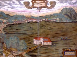 Mapa Gmundenu z „Civitates Orbis Terrarum“ od Georga Brauna (1541-1622) a Franse Hogenberga (1535-90) 1594 (barevná rytina)