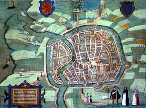 Mapa Haarlemu, z „Civitates Orbis Terrarum“ od Georga Brauna (1541-1622) a Franse Hogenburga (1535-90), kolem 1572 (barevná rytina)