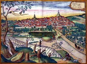 Mapa Marienburgu, z „Civitates Orbis Terrarum“ od Georga Brauna (1541-1622) a Franse Hogenberga (1535-90), kolem 1572 (barevná rytina)