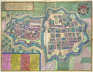 Mapa Nancy, z „Civitates Orbis Terrarum“ od Georga Brauna (1541-1622) a Franse Hogenberga (1535-90) kolem 1572-1617 (barevná rytina)