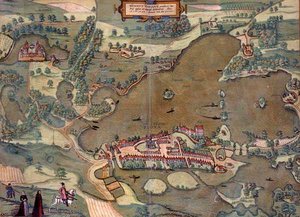 Mapa Plonu, z „Civitates Orbis Terrarum“ od Georga Brauna (1541-1622) a Franse Hogenberga (1535-90) 1593 (barevná rytina)