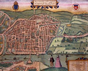 Mapa Rouenu, z „Civitates Orbis Terrarum“ od Georga Brauna (1541-1622) a Franse Hogenberga (1535-90) kolem 1572-1617 (barevná rytina)