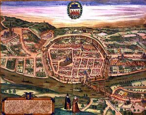 Mapa Saintes, z „Civitates Orbis Terrarum“ od Georga Brauna (1541-1622) a Franse Hogenberga (1535-90) od Joris (after) Hoefnagel