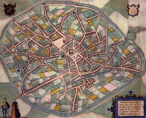 Mapa Tienen, z „Civitates Orbis Terrarum“ od Georga Brauna (1541-1622) a Franse Hogenberga (1535-90) kolem 1572-1617 (barevná rytina) od Joris (after) Hoefnagel