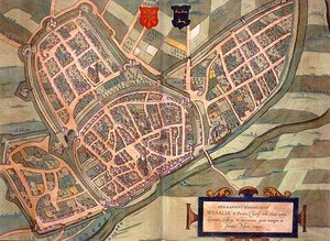 Mapa Wesel, z „Civitates Orbis Terrarum“ od Georga Brauna (1541-1622) a Franse Hogenberga (1535-90) kolem 1572-1617 (barevná rytina)