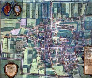Mapa Haagu z „Civitates Orbis Terrarum“ od Georga Brauna (1541-1622) a Franse Hogenburga (1535-90), kolem roku 1572 (barevná rytina) od Joris (after) Hoefnagel