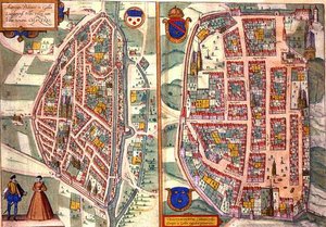 Mapy Chartres a Dunois z knihy "Civitates Orbis Terrarum" od Georga Brauna (1541-1622) a Franse Hogenberga (1535-90), asi 1572-1617 (kolorovaná rytina) od Joris (after) Hoefnagel