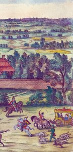 Dvořané a lovečtí psi doprovázející příjezd královny Alžběty I. do paláce Nonsuch, 1598, ručně kolorovaná mědirytina, detail 324184 od Joris Hoefnagel
