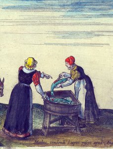 Rybářky prodávají a vykuchávají štiky, 1598, ručně kolorovaná mědirytina, detail 324184 od Joris Hoefnagel