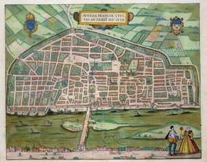 Mapa Aurelie, z „Civitates Orbis Terrarum“ od Georga Brauna (1541-1622) a Franse Hogenberga (1535-90) kolem 1572-1617