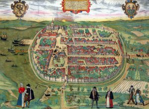 Mapa Barthu z knihy "Civitates Orbis Terrarum" od Georga Brauna (1541-1622) a Franse Hogenberga (1535-90), asi 1572-1617.