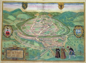 Mapa Besanconu z knihy "Civitates Orbis Terrarum" od Georga Brauna (1541-1622) a Franse Hogenberga (1535-90), 1575 (barevná rytina)